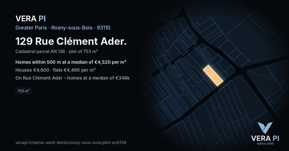 129 Rue Clément Ader, Rosny-sous-Bois at night – the plot lit, the parcels around coloured by the prices near them
