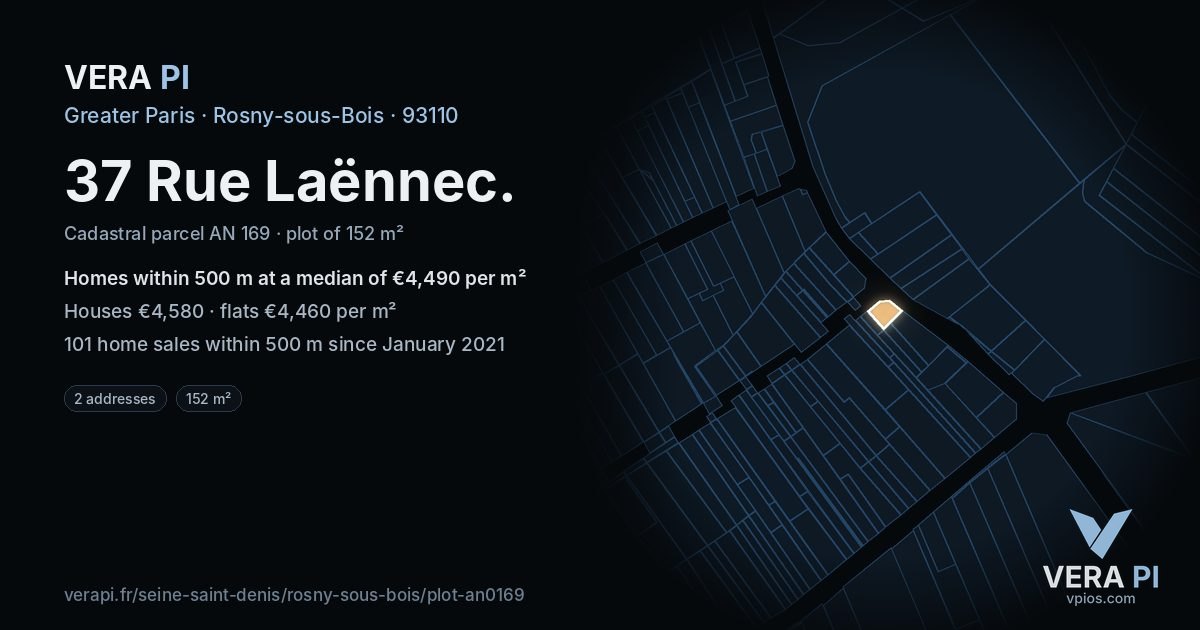 37 Rue Laënnec, Rosny-sous-Bois at night – the plot lit, the parcels around coloured by the prices near them