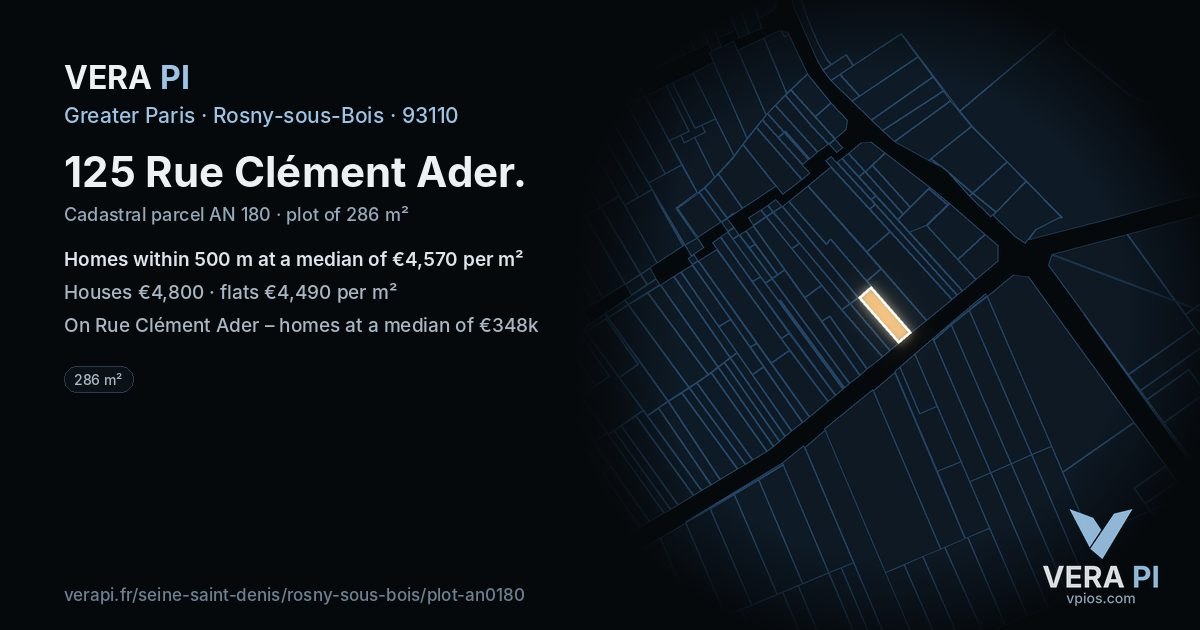 125 Rue Clément Ader, Rosny-sous-Bois at night – the plot lit, the parcels around coloured by the prices near them