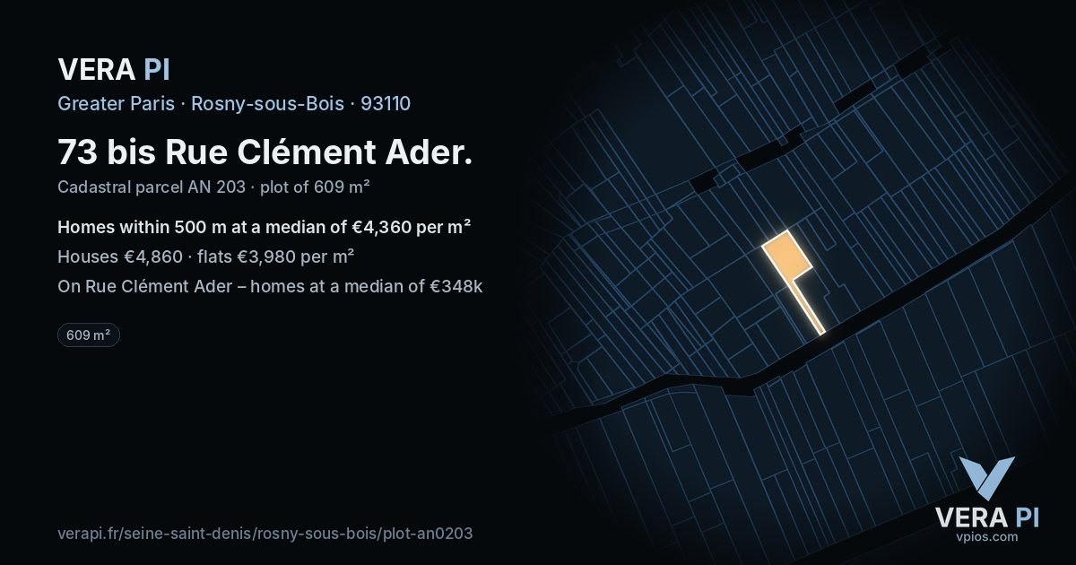 73 bis Rue Clément Ader, Rosny-sous-Bois at night – the plot lit, the parcels around coloured by the prices near them