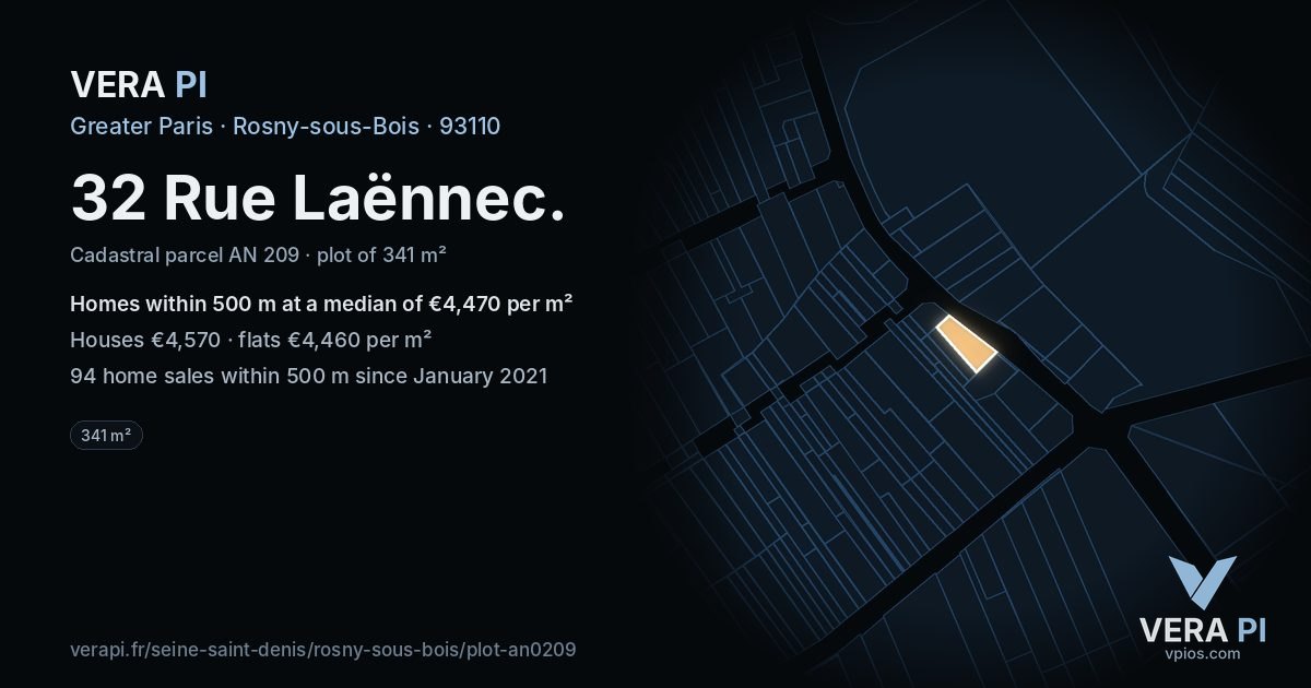 32 Rue Laënnec, Rosny-sous-Bois at night – the plot lit, the parcels around coloured by the prices near them