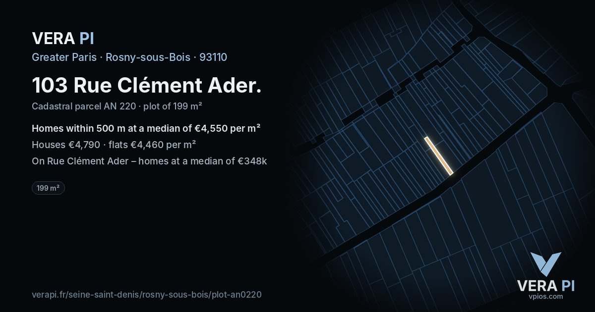 103 Rue Clément Ader, Rosny-sous-Bois at night – the plot lit, the parcels around coloured by the prices near them