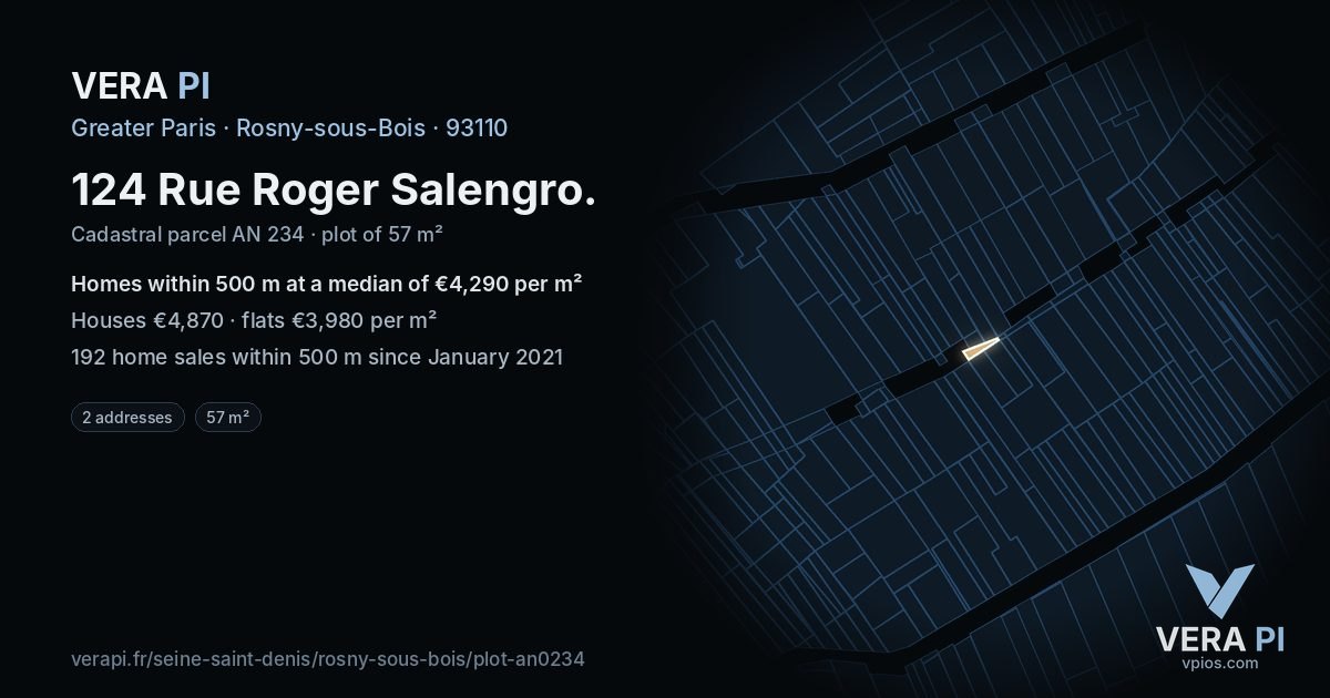 124 Rue Roger Salengro, Rosny-sous-Bois at night – the plot lit, the parcels around coloured by the prices near them