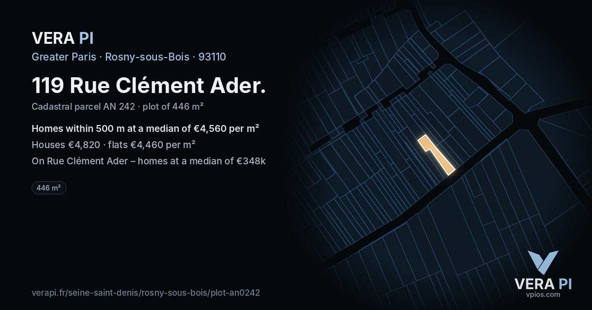 119 Rue Clément Ader, Rosny-sous-Bois at night – the plot lit, the parcels around coloured by the prices near them