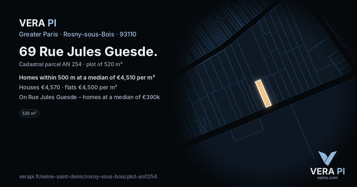 69 Rue Jules Guesde, Rosny-sous-Bois at night – the plot lit, the parcels around coloured by the prices near them