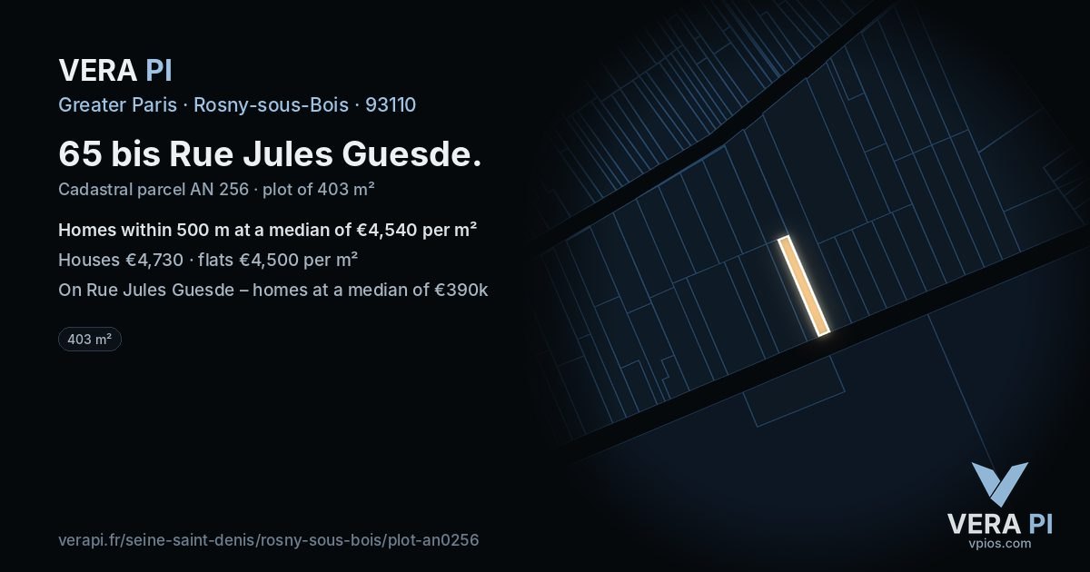 65 bis Rue Jules Guesde, Rosny-sous-Bois at night – the plot lit, the parcels around coloured by the prices near them