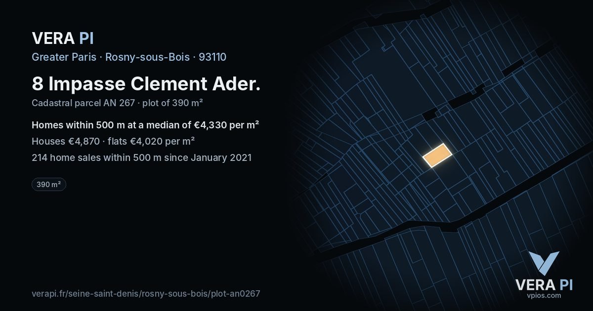 8 Impasse Clement Ader, Rosny-sous-Bois at night – the plot lit, the parcels around coloured by the prices near them