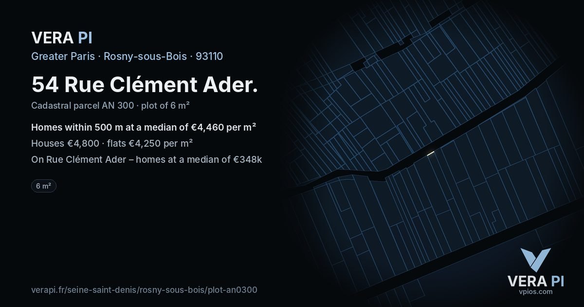 54 Rue Clément Ader, Rosny-sous-Bois at night – the plot lit, the parcels around coloured by the prices near them