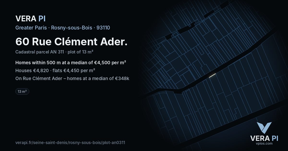 60 Rue Clément Ader, Rosny-sous-Bois at night – the plot lit, the parcels around coloured by the prices near them