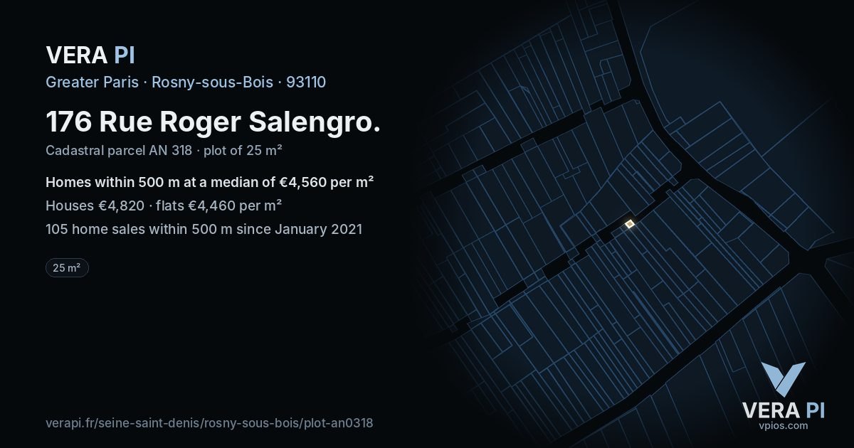 176 Rue Roger Salengro, Rosny-sous-Bois at night – the plot lit, the parcels around coloured by the prices near them