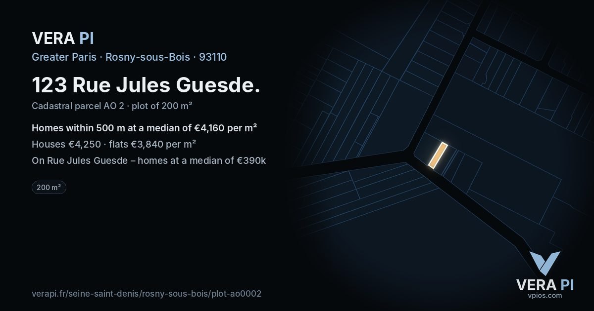 123 Rue Jules Guesde, Rosny-sous-Bois at night – the plot lit, the parcels around coloured by the prices near them