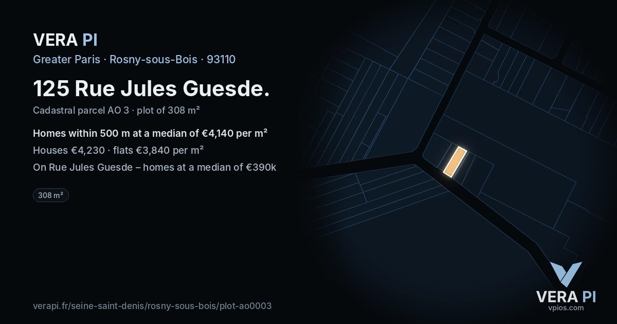 125 Rue Jules Guesde, Rosny-sous-Bois at night – the plot lit, the parcels around coloured by the prices near them