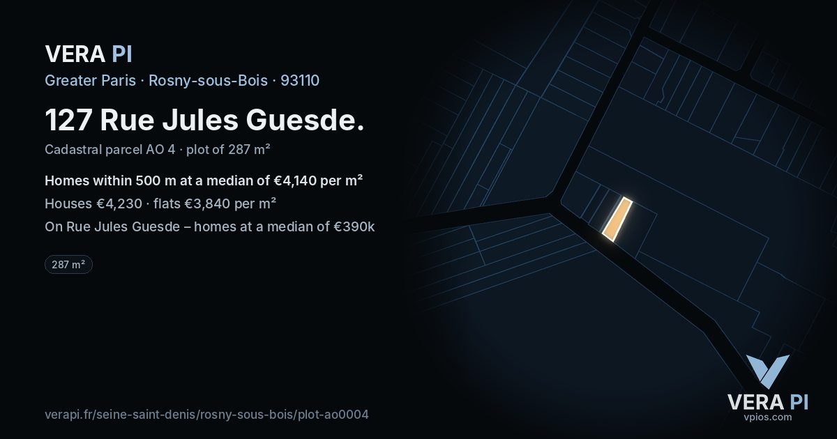 127 Rue Jules Guesde, Rosny-sous-Bois at night – the plot lit, the parcels around coloured by the prices near them