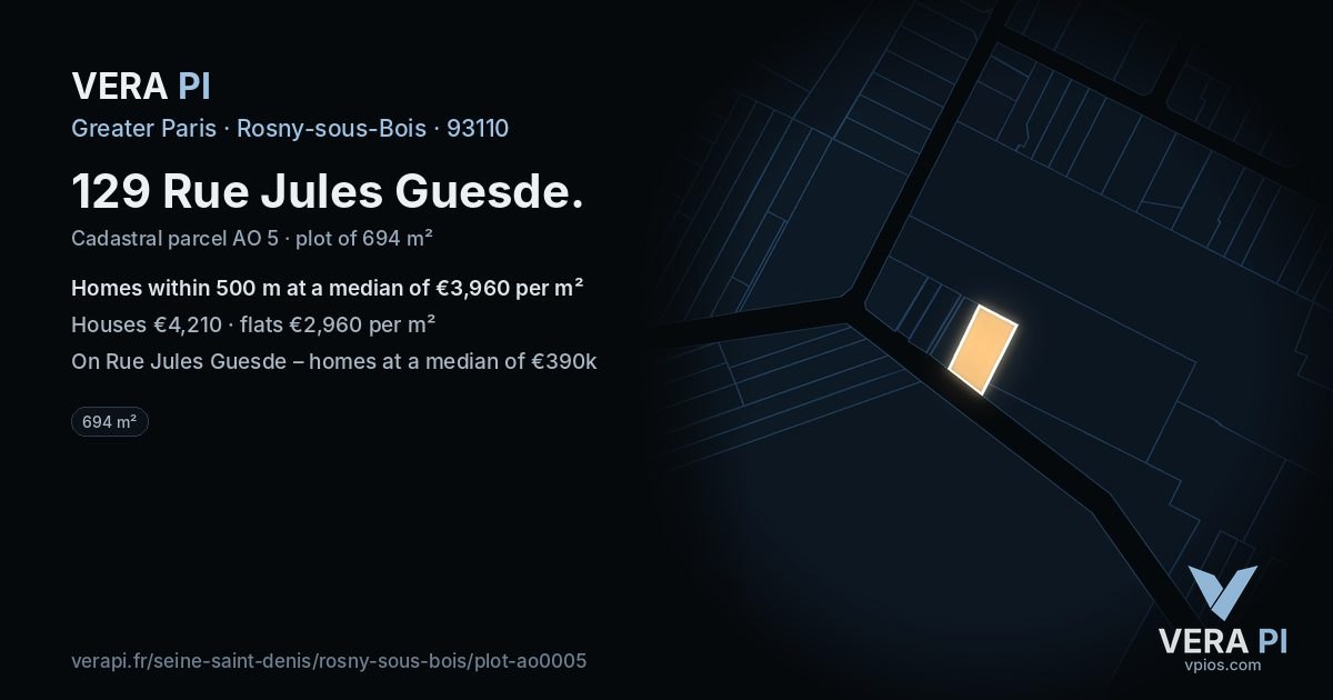 129 Rue Jules Guesde, Rosny-sous-Bois at night – the plot lit, the parcels around coloured by the prices near them