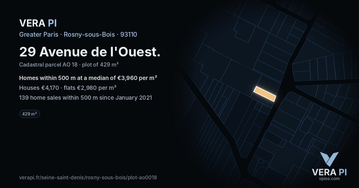 29 Avenue de l'Ouest, Rosny-sous-Bois at night – the plot lit, the parcels around coloured by the prices near them