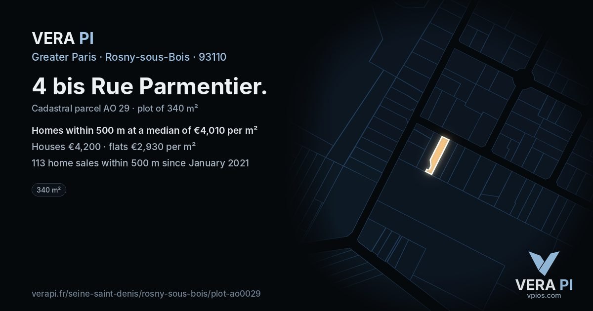4 bis Rue Parmentier, Rosny-sous-Bois at night – the plot lit, the parcels around coloured by the prices near them
