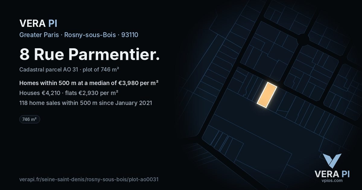 8 Rue Parmentier, Rosny-sous-Bois at night – the plot lit, the parcels around coloured by the prices near them