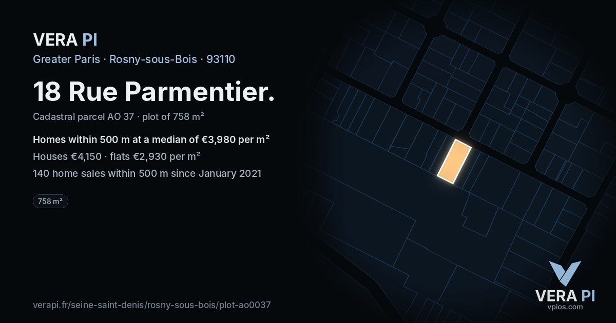 18 Rue Parmentier, Rosny-sous-Bois at night – the plot lit, the parcels around coloured by the prices near them