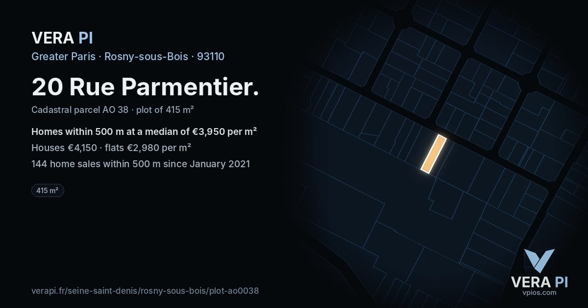 20 Rue Parmentier, Rosny-sous-Bois at night – the plot lit, the parcels around coloured by the prices near them