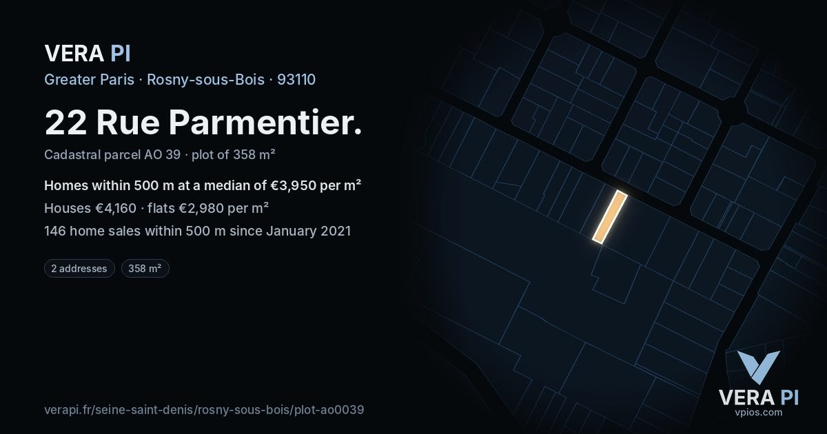 22 Rue Parmentier, Rosny-sous-Bois at night – the plot lit, the parcels around coloured by the prices near them