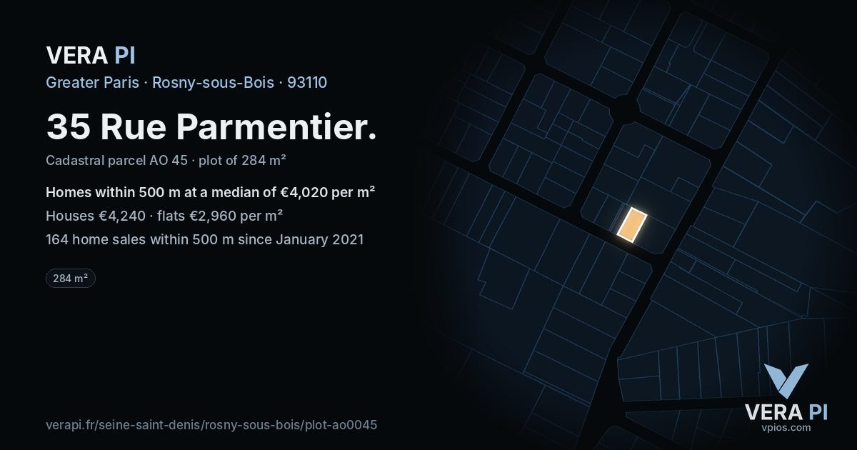 35 Rue Parmentier, Rosny-sous-Bois at night – the plot lit, the parcels around coloured by the prices near them