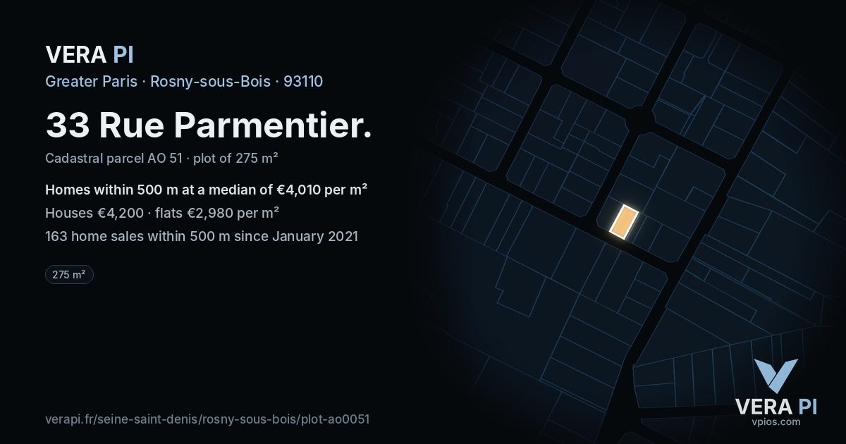 33 Rue Parmentier, Rosny-sous-Bois at night – the plot lit, the parcels around coloured by the prices near them