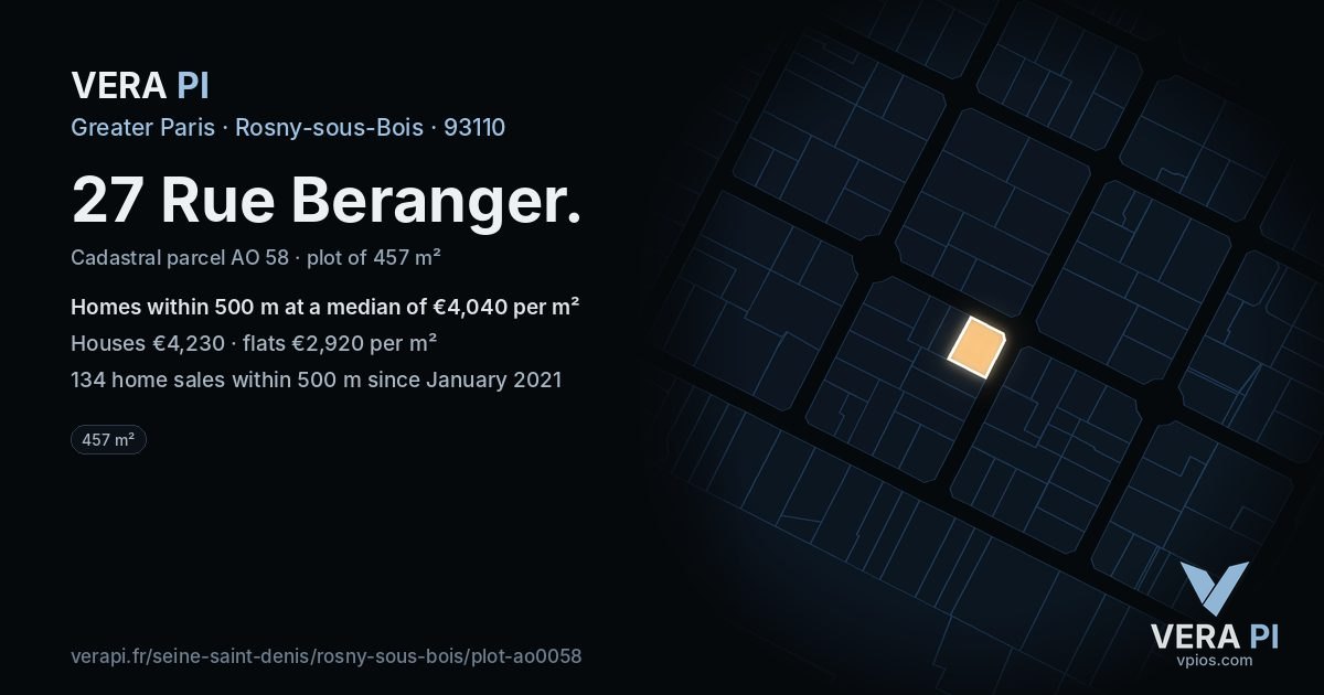 27 Rue Beranger, Rosny-sous-Bois at night – the plot lit, the parcels around coloured by the prices near them