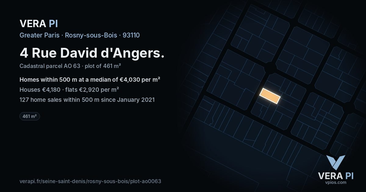 4 Rue David d'Angers, Rosny-sous-Bois at night – the plot lit, the parcels around coloured by the prices near them