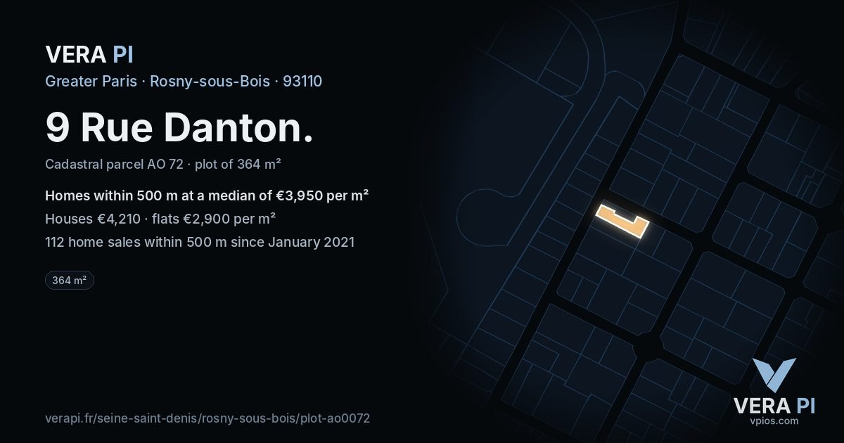 9 Rue Danton, Rosny-sous-Bois at night – the plot lit, the parcels around coloured by the prices near them