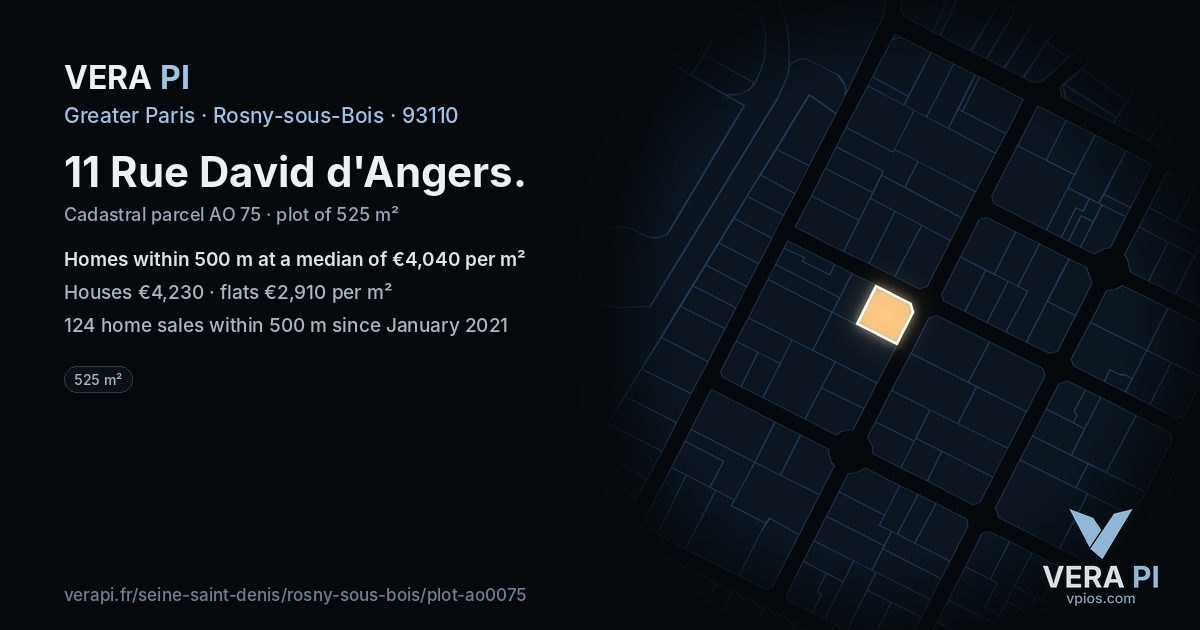 11 Rue David d'Angers, Rosny-sous-Bois at night – the plot lit, the parcels around coloured by the prices near them