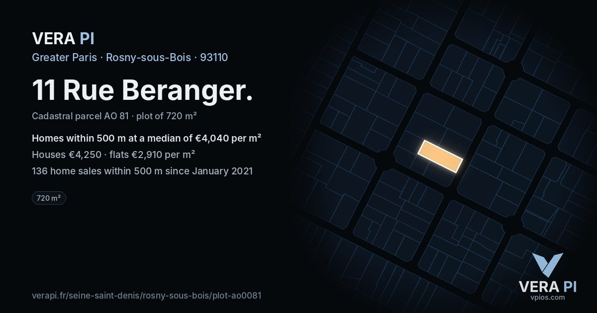 11 Rue Beranger, Rosny-sous-Bois at night – the plot lit, the parcels around coloured by the prices near them