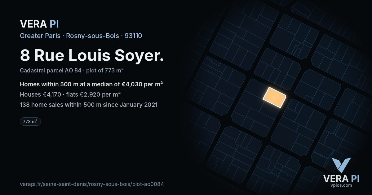 8 Rue Louis Soyer, Rosny-sous-Bois at night – the plot lit, the parcels around coloured by the prices near them