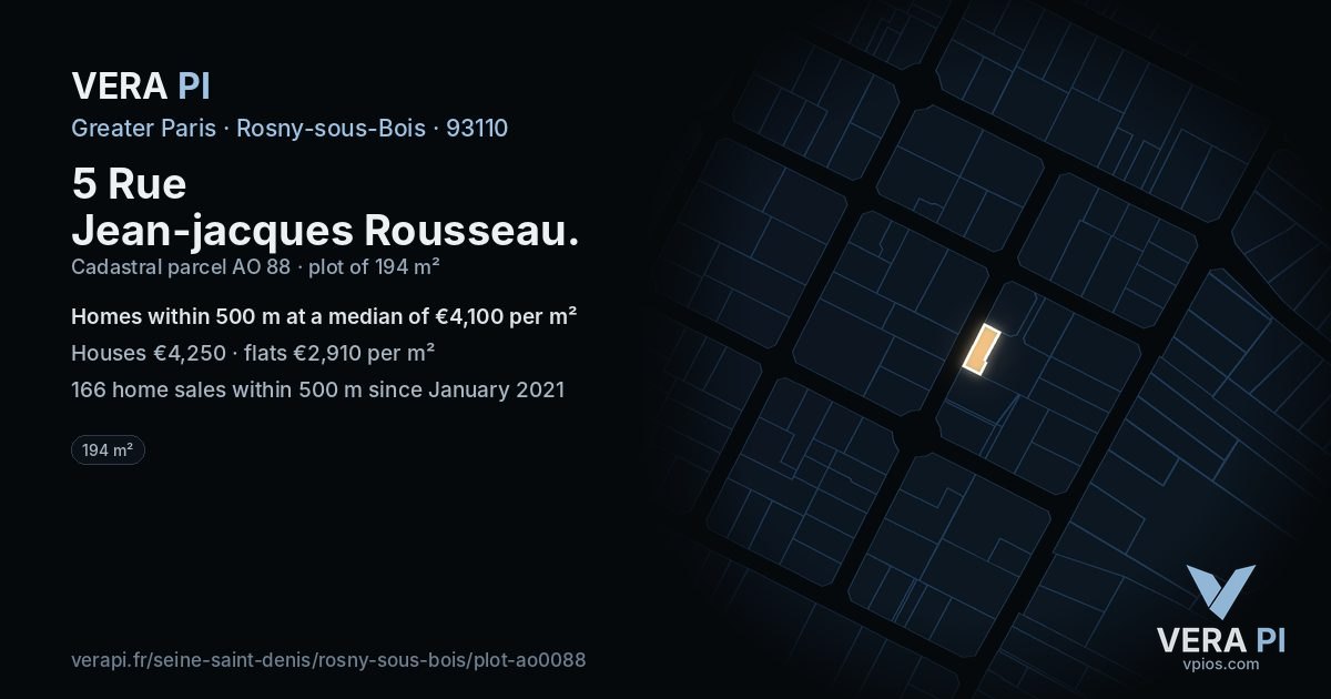 5 Rue Jean-jacques Rousseau, Rosny-sous-Bois at night – the plot lit, the parcels around coloured by the prices near them