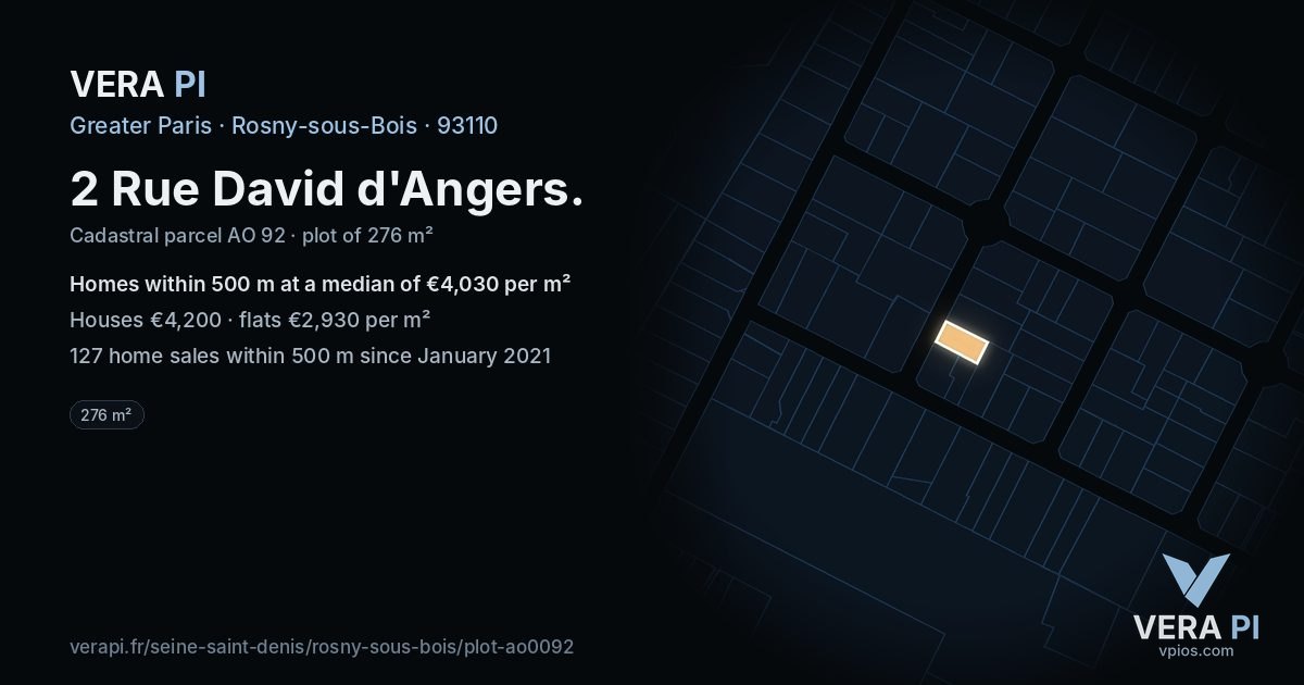 2 Rue David d'Angers, Rosny-sous-Bois at night – the plot lit, the parcels around coloured by the prices near them