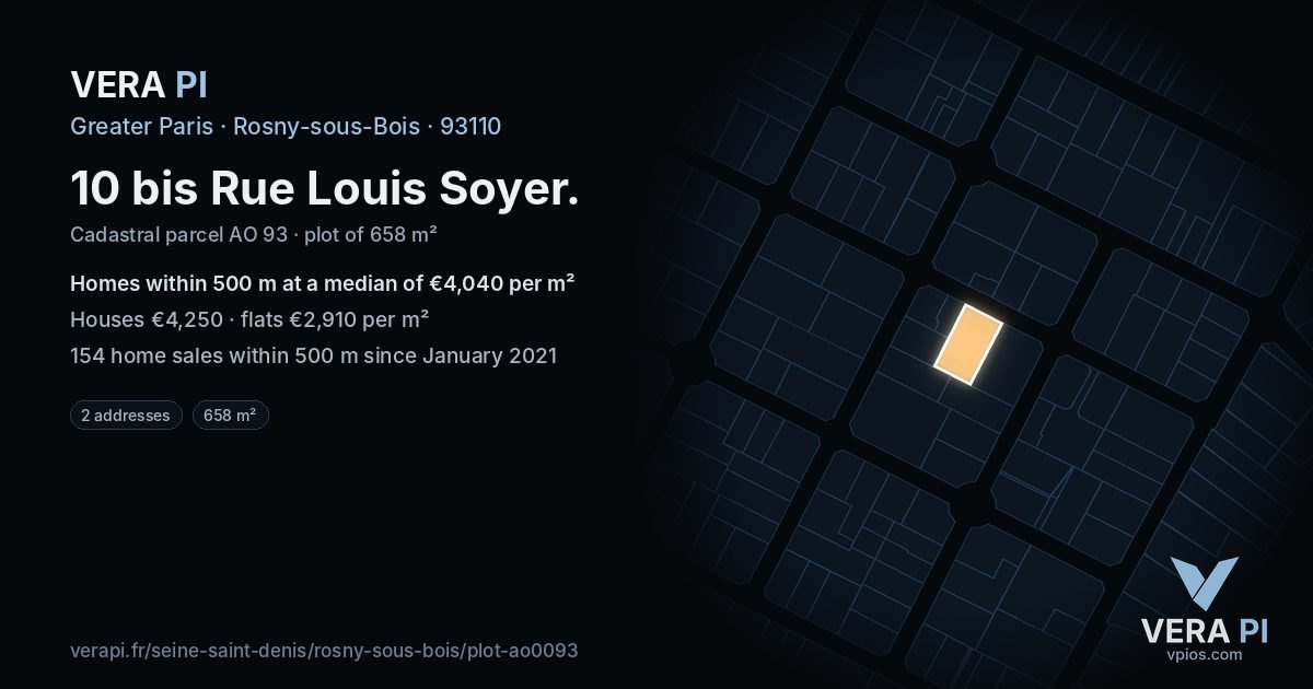 10 bis Rue Louis Soyer, Rosny-sous-Bois at night – the plot lit, the parcels around coloured by the prices near them