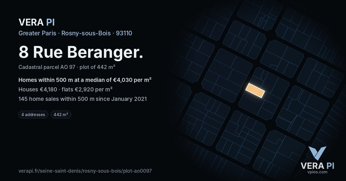 8 Rue Beranger, Rosny-sous-Bois at night – the plot lit, the parcels around coloured by the prices near them