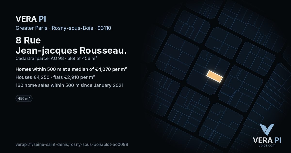 8 Rue Jean-jacques Rousseau, Rosny-sous-Bois at night – the plot lit, the parcels around coloured by the prices near them