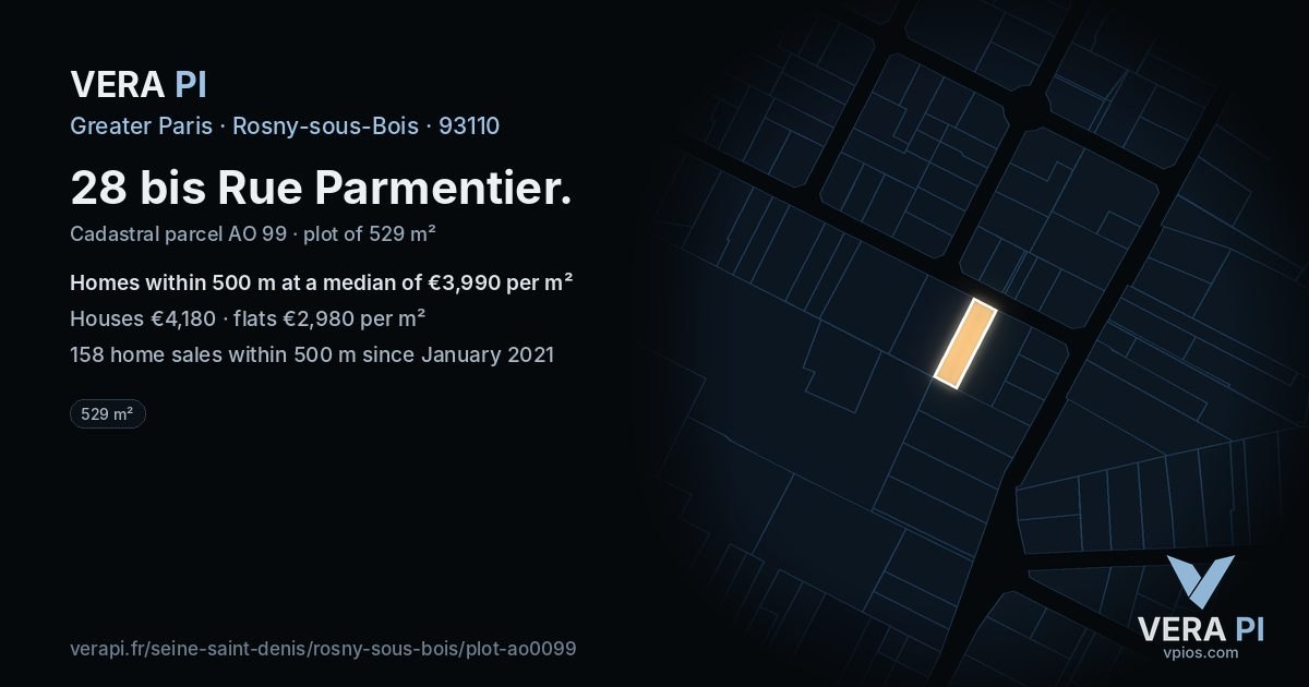 28 bis Rue Parmentier, Rosny-sous-Bois at night – the plot lit, the parcels around coloured by the prices near them