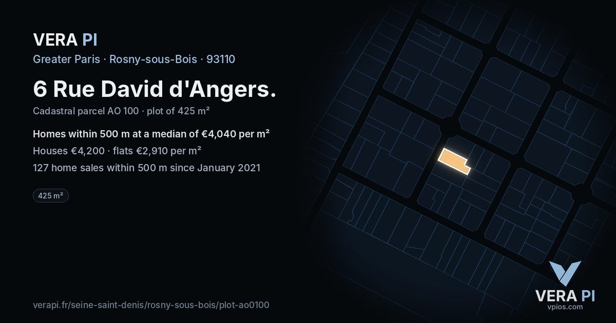 6 Rue David d'Angers, Rosny-sous-Bois at night – the plot lit, the parcels around coloured by the prices near them