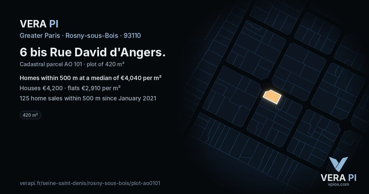 6 bis Rue David d'Angers, Rosny-sous-Bois at night – the plot lit, the parcels around coloured by the prices near them
