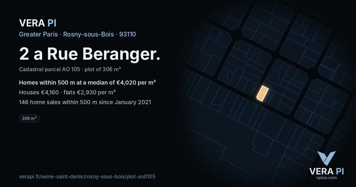 2 a Rue Beranger, Rosny-sous-Bois at night – the plot lit, the parcels around coloured by the prices near them