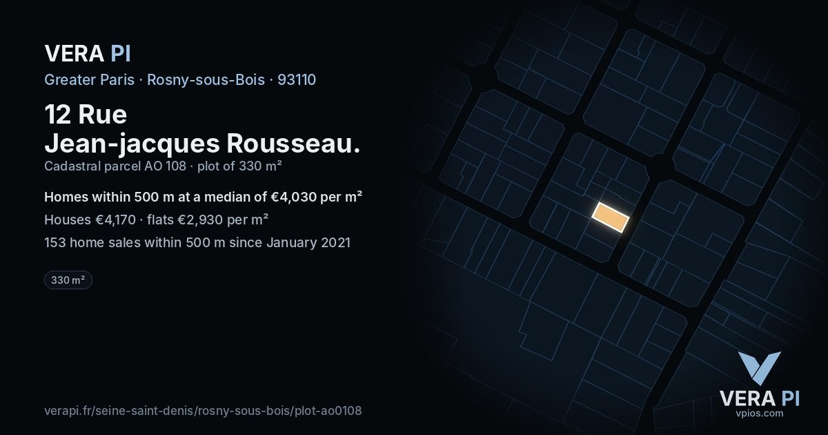12 Rue Jean-jacques Rousseau, Rosny-sous-Bois at night – the plot lit, the parcels around coloured by the prices near them