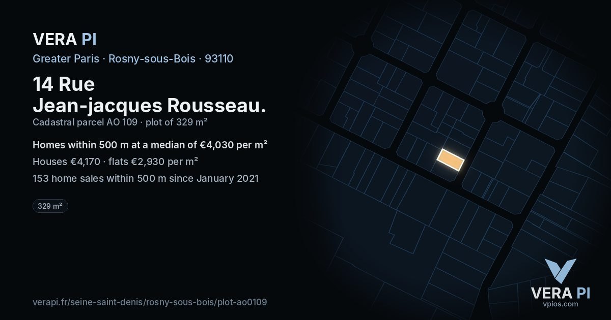14 Rue Jean-jacques Rousseau, Rosny-sous-Bois at night – the plot lit, the parcels around coloured by the prices near them