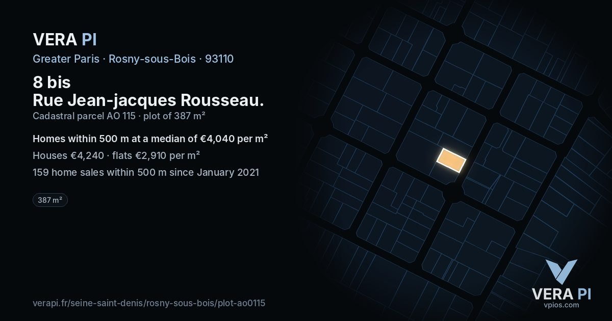 8 bis Rue Jean-jacques Rousseau, Rosny-sous-Bois at night – the plot lit, the parcels around coloured by the prices near them