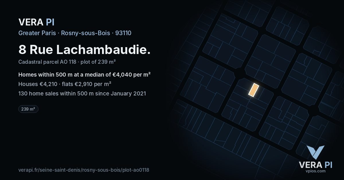 8 Rue Lachambaudie, Rosny-sous-Bois at night – the plot lit, the parcels around coloured by the prices near them