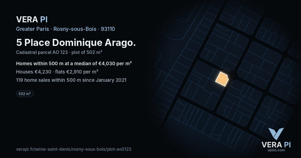 5 Place Dominique Arago, Rosny-sous-Bois at night – the plot lit, the parcels around coloured by the prices near them