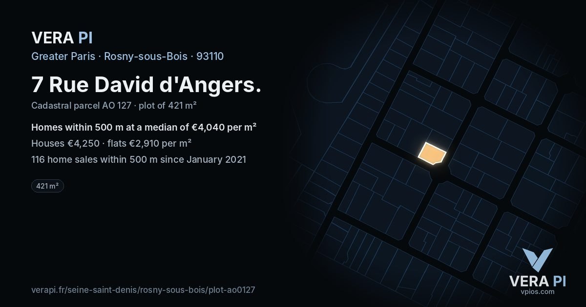 7 Rue David d'Angers, Rosny-sous-Bois at night – the plot lit, the parcels around coloured by the prices near them