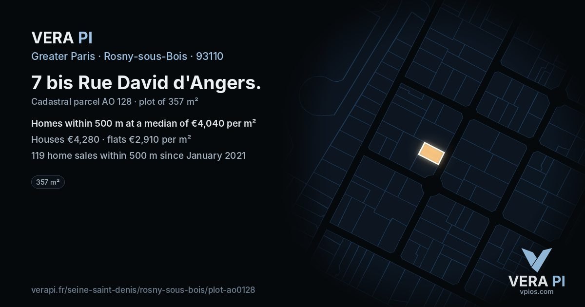 7 bis Rue David d'Angers, Rosny-sous-Bois at night – the plot lit, the parcels around coloured by the prices near them