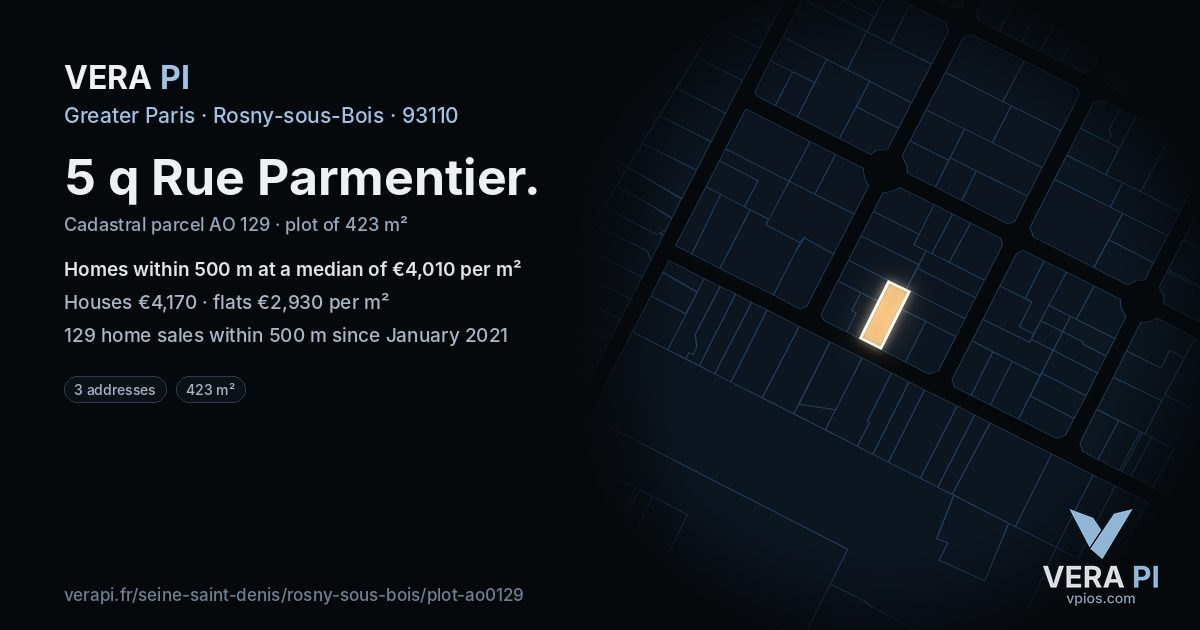 5 q Rue Parmentier, Rosny-sous-Bois at night – the plot lit, the parcels around coloured by the prices near them