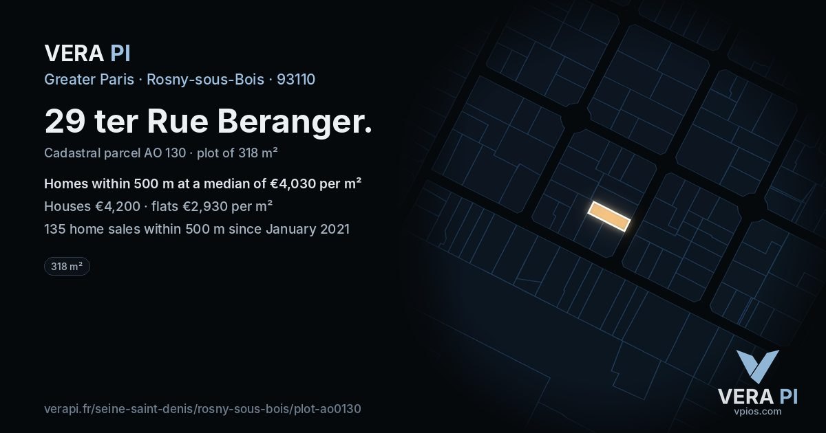 29 ter Rue Beranger, Rosny-sous-Bois at night – the plot lit, the parcels around coloured by the prices near them